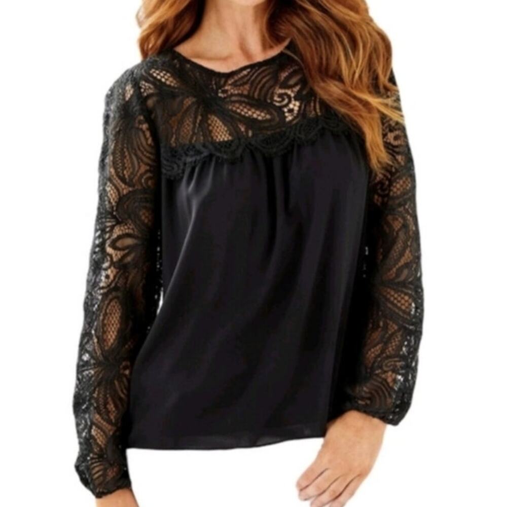 Lilly Pulitzer Keegan Blouse S Black Onyx Sheer Lace Neckline & Sleeves Feminine